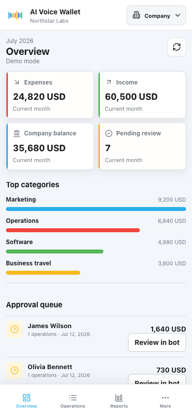 AI Voice Wallet company mode on mobile